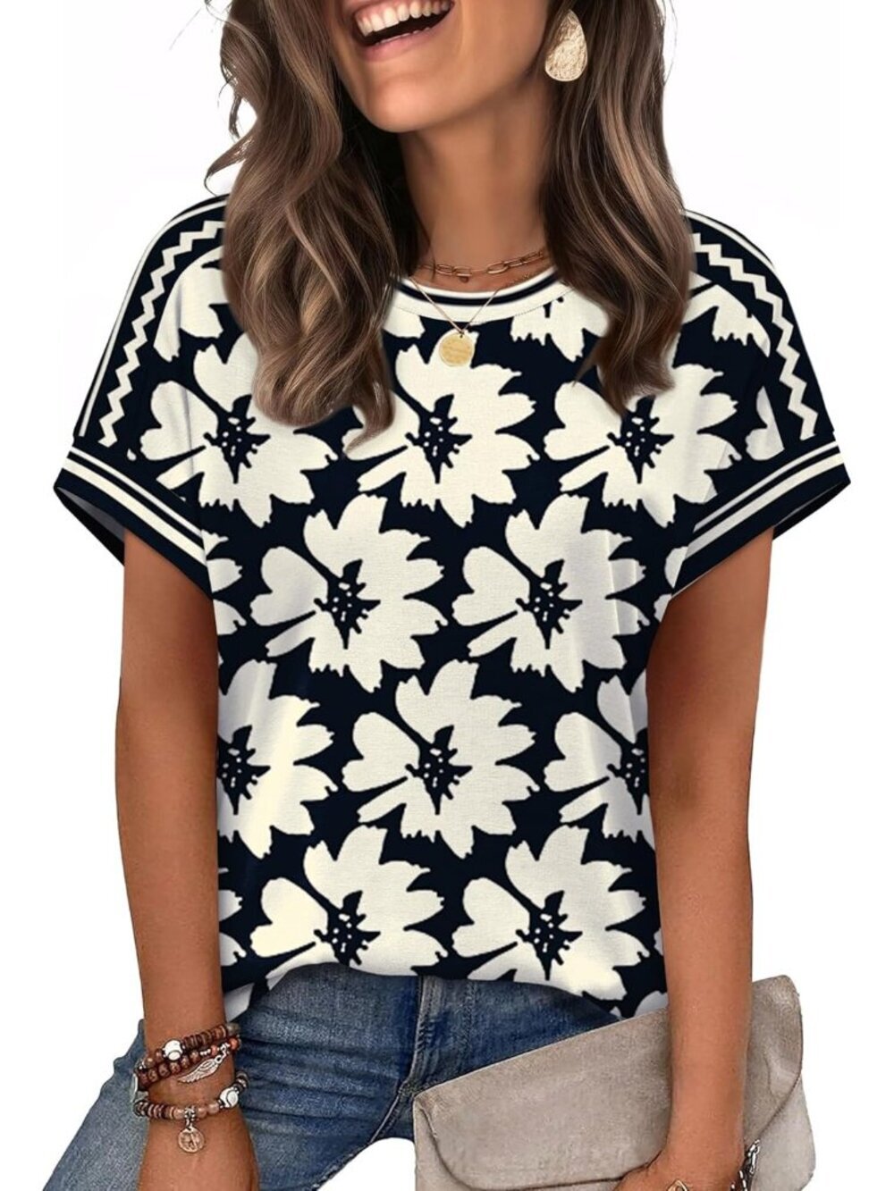 Womens Floral Summer Outfits Classic Cloth Pull On Top Short Sleeve Casual Shirt